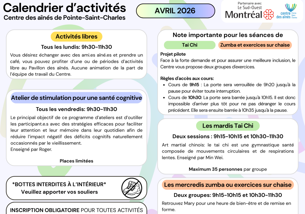 Calendrier avril 2026